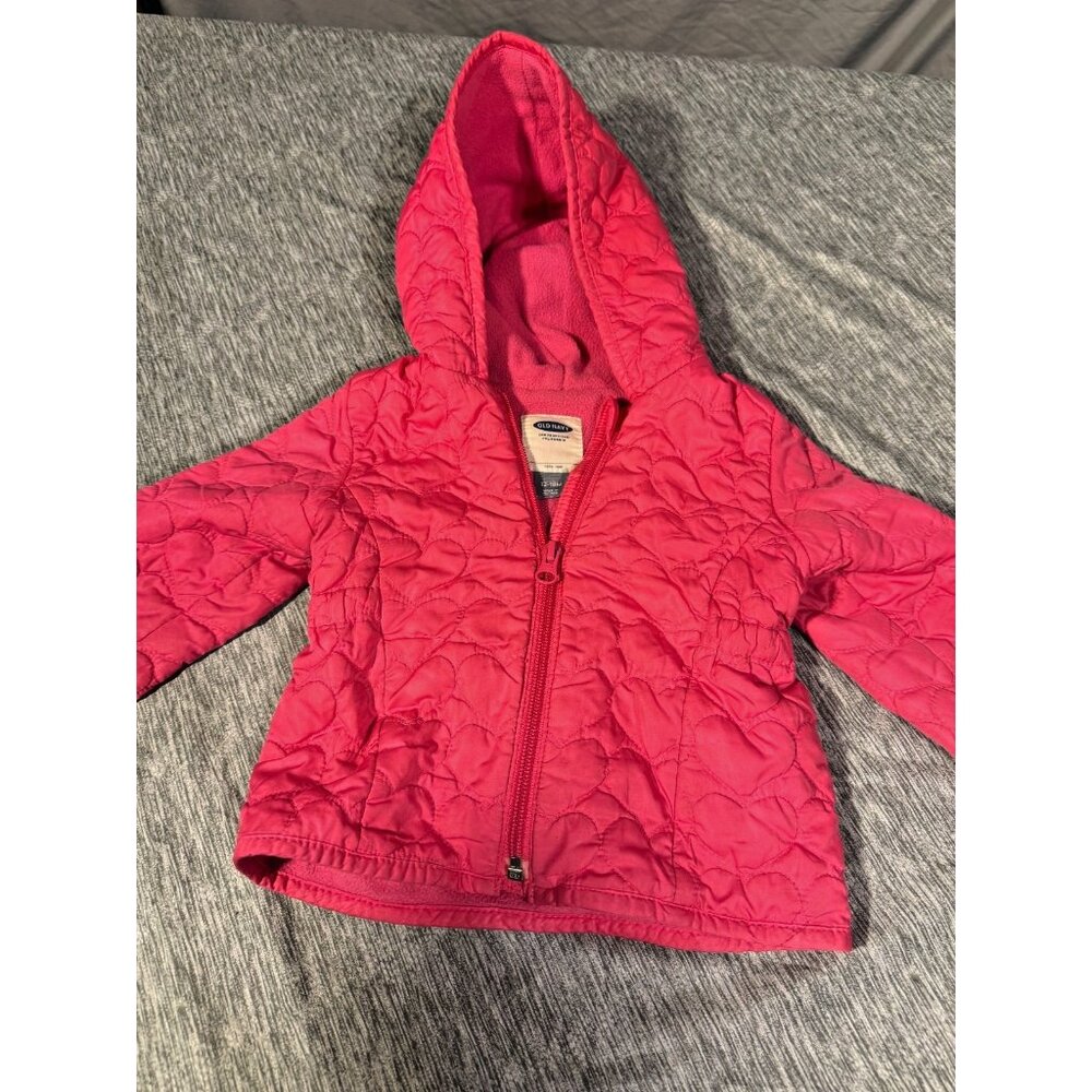Old Navy Quilted Girls Jacket Coat Pink Size 12m 18m Zip Hooded Infant Hearts